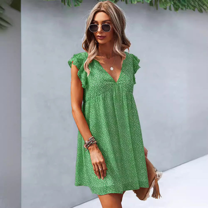 Damen Freizeitkleid mit voluminösen Rüschenärmeln und V-Ausschnitt Drune