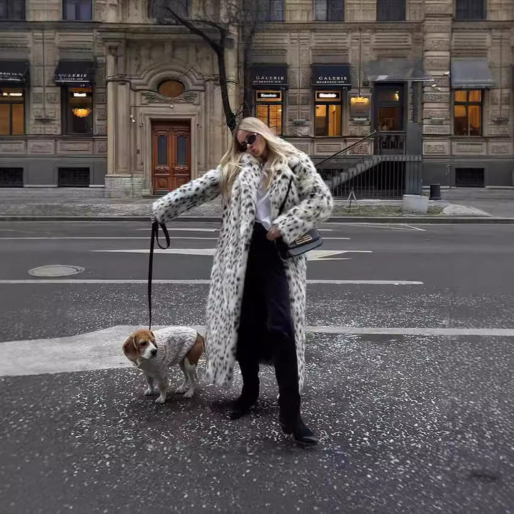 Damen langer Oversize Kunstpelzmantel mit Leopardenmuster und breitem Revers Drune