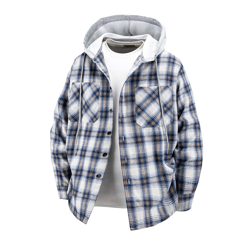 Herren -Layered-Flanell-Overshirt mit angenähter Kapuze und Brusttaschen Drune