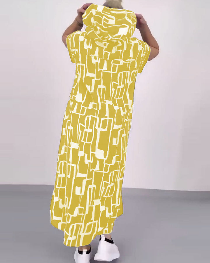 Damen nan urbanes Kapuzen‑Kaftankleid in lockerem Fall mit kurzärmeligem Schnitt und abstraktem Grafikmuster Drune