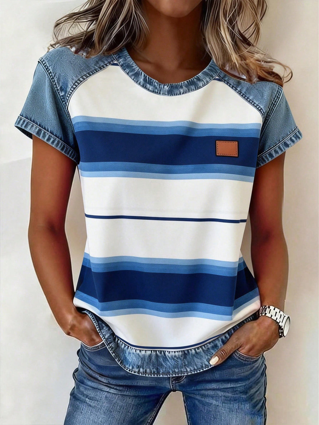 Damen Kurzarmshirt mit Jeans-Einsätzen und Teddy-Patchprint Drune