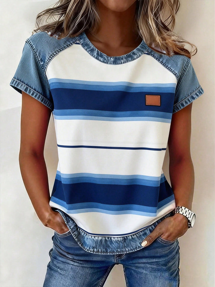 Damen Kurzarmshirt mit Jeans-Einsätzen und Teddy-Patchprint Drune