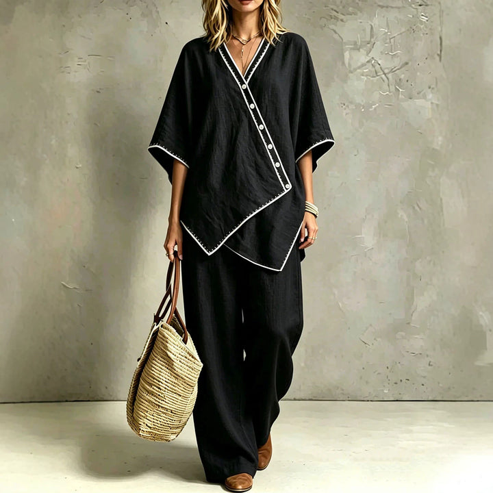 Damen Asymmetrisches Tunika-Loungewear-Set mit diagonaler Knopfleiste und weiter Palazzohose Drune