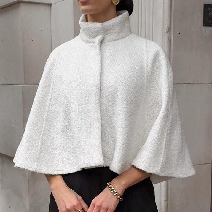 Damen Oversized Wollcape mit hohem Kragen und Knopfdetail Drune