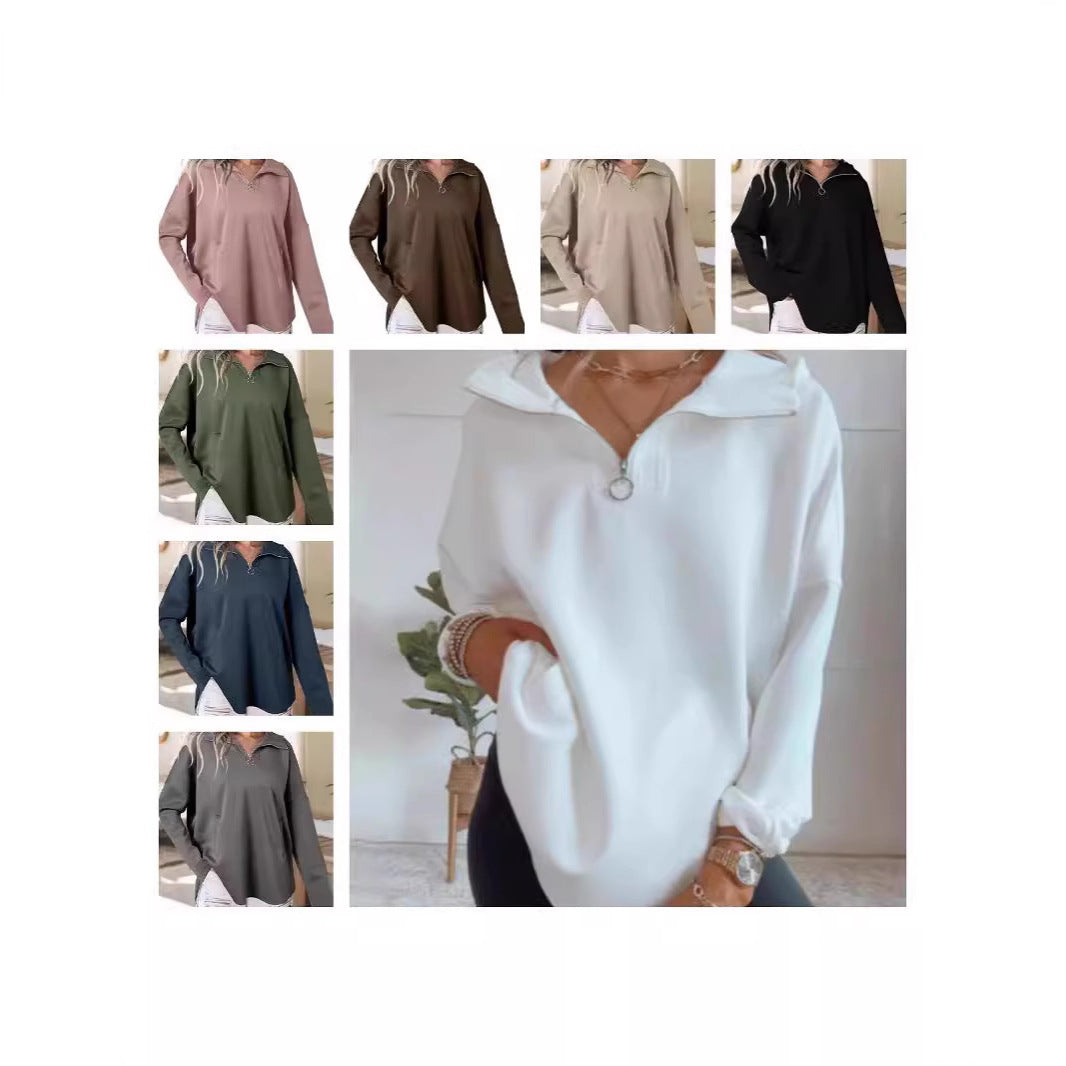 Damen lässiger Oversized Pullover mit halben Reißverschluss und Seitentaschen Drune