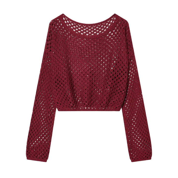 Damen Kurzgeschnittener Häkelpullover mit Lochmuster und weitem Ausschnitt Drune