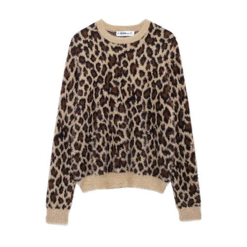 Damen Flauschiger Strickpullover mit Leopardenmuster und Rundhalsausschnitt Drune