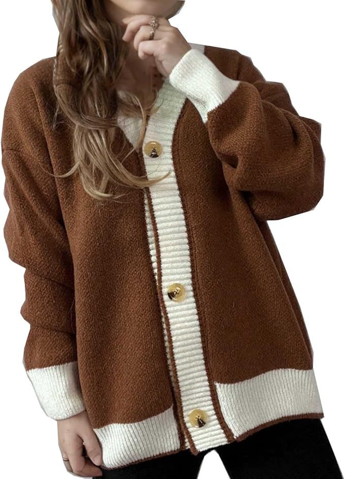 Damen lässige Strickjacke mit kontrastierenden Bündchen und dezenter Knopfleiste Drune