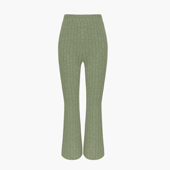 Damen Gerippter Strick-Zweiteiler mit Cropped Reißverschluss-Cardigan und High‑Waist Schlaghose Drune