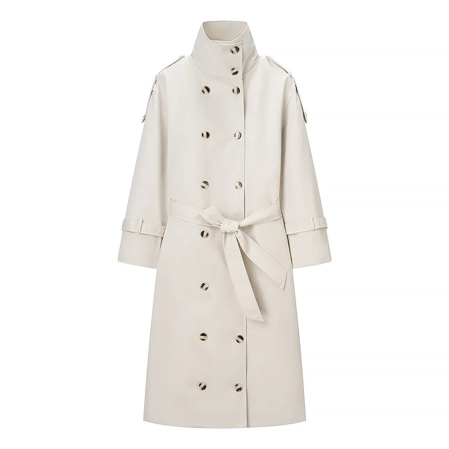 Damen nan längerer zweireihiger Trenchcoat mit hohem Stehkragen und Bindegürtel Drune