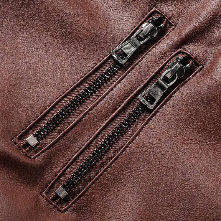 Herren Modische Lederjacke mit abnehmbarer Kapuze Drune