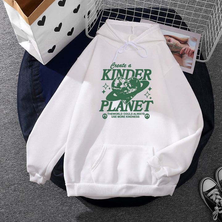 Unisex nan oversized Kapuzenpullover mit Statement-Print "Kinder Planet", Kängurutasche und weichem Futter Drune