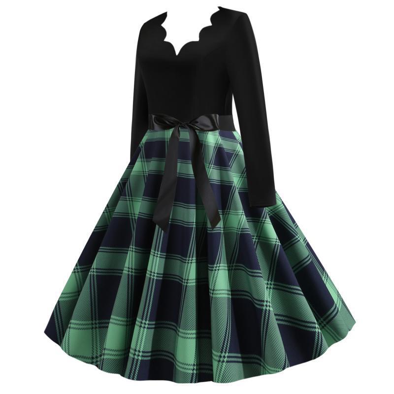 Damen Retro‑Swingkleid mit gezacktem Herzausschnitt, tailliertem Langarmoberteil und karierter Tellerrock Drune