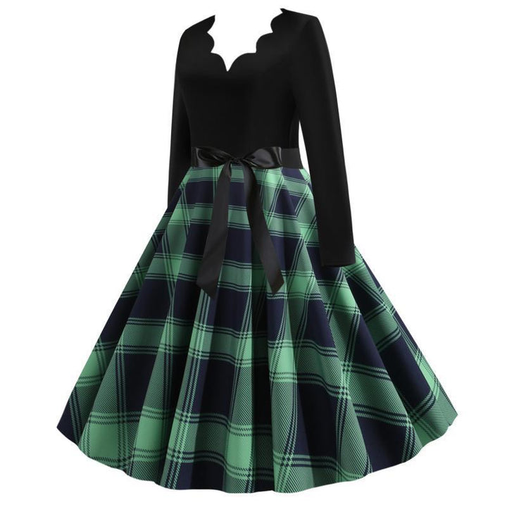 Damen Retro‑Swingkleid mit gezacktem Herzausschnitt, tailliertem Langarmoberteil und karierter Tellerrock Drune