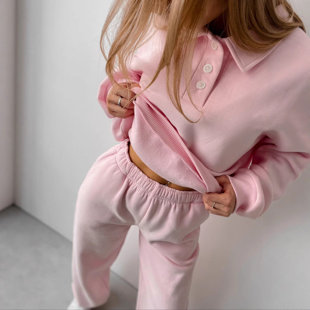 Damen Polo-Sweatshirt und Relax-Fit Jogginghose Set aus French Terry Drune