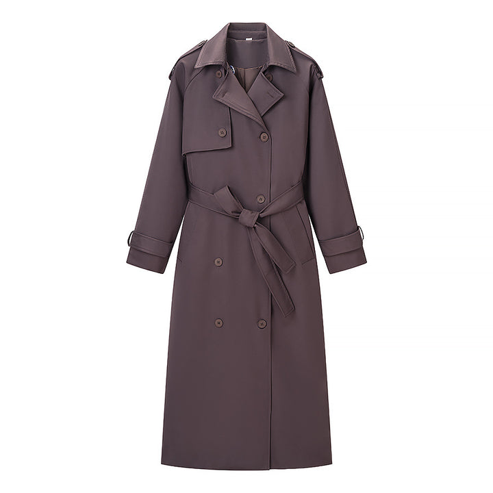 Damen Langer taillierter Trenchcoat mit Bindegürtel und doppelreihiger Knopfleiste Drune