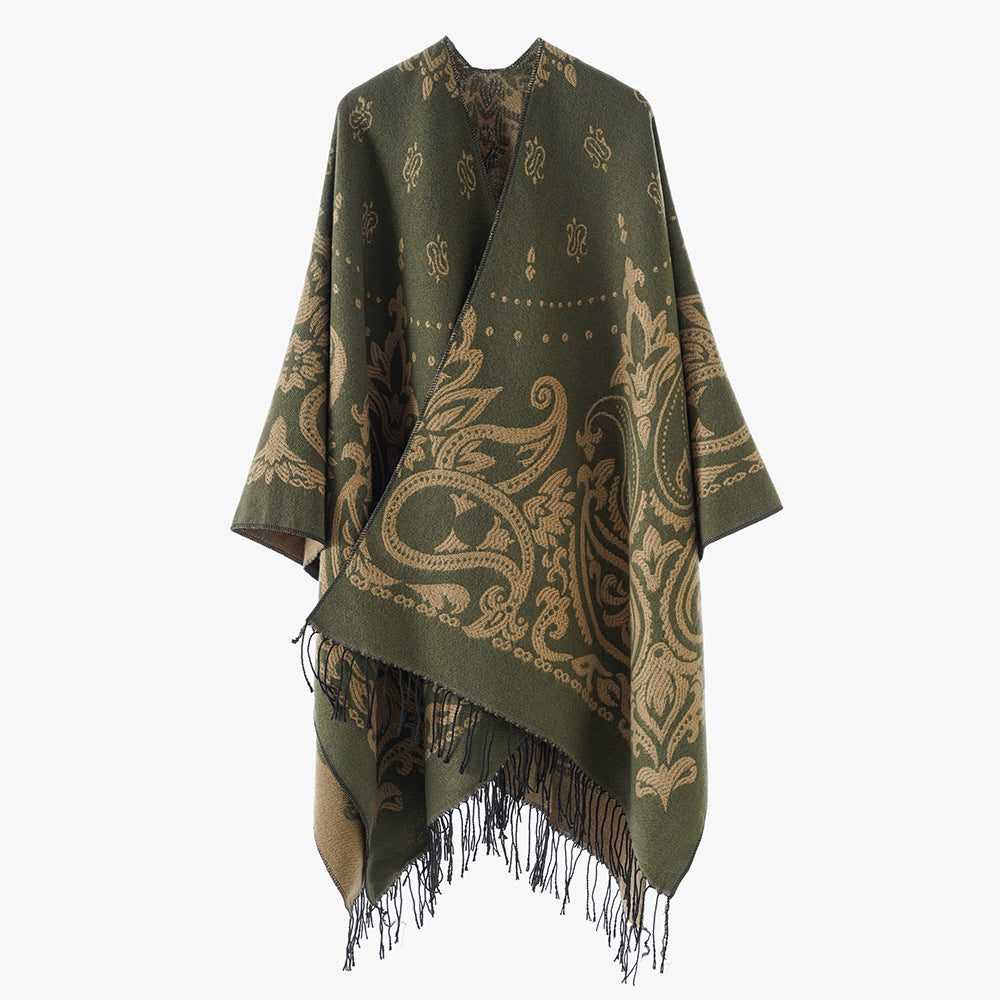 Damen Opulenter Jacquard‑Poncho im Kaftan‑Stil mit Fransen und Paisley‑Relief Drune