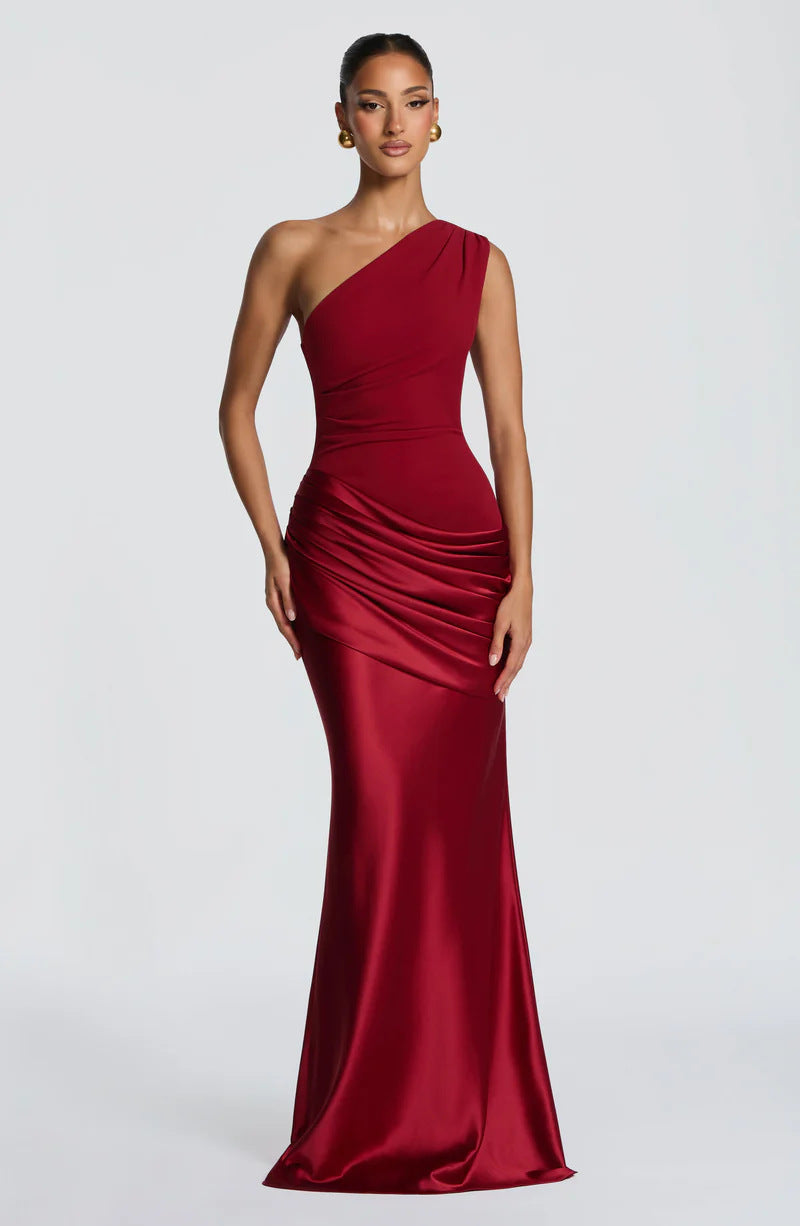 Damen Elegantes One-Shoulder Maxikleid mit fließenden Drapierungen Drune