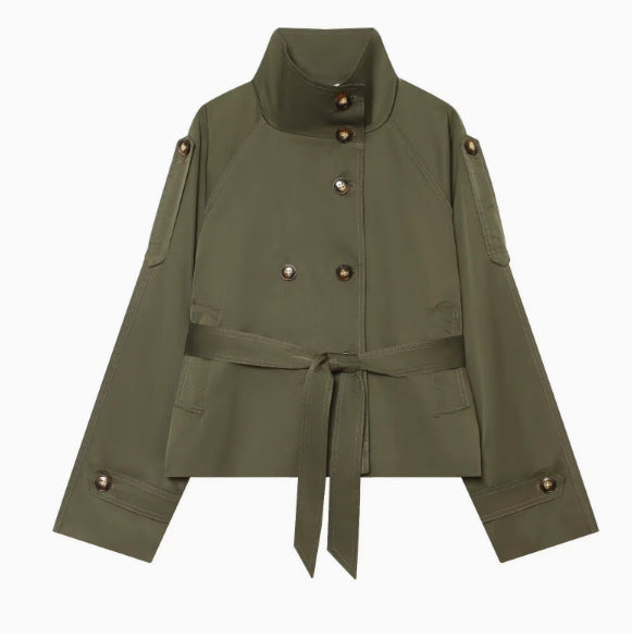 Damen 10+ Cropped Doppelreihige Kurzjacke mit Stehkragen und Taillengürtel Drune