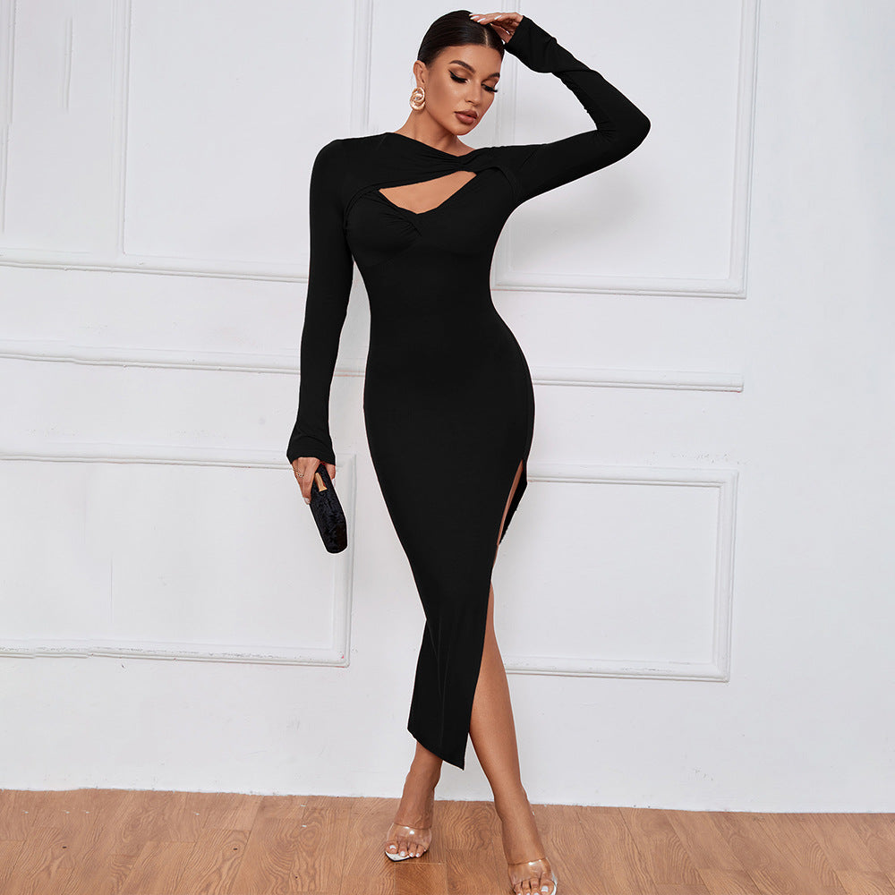 Damen elegantes Langarm-Kleid mit schickem Cut-Out und hohem Schlitz Drune