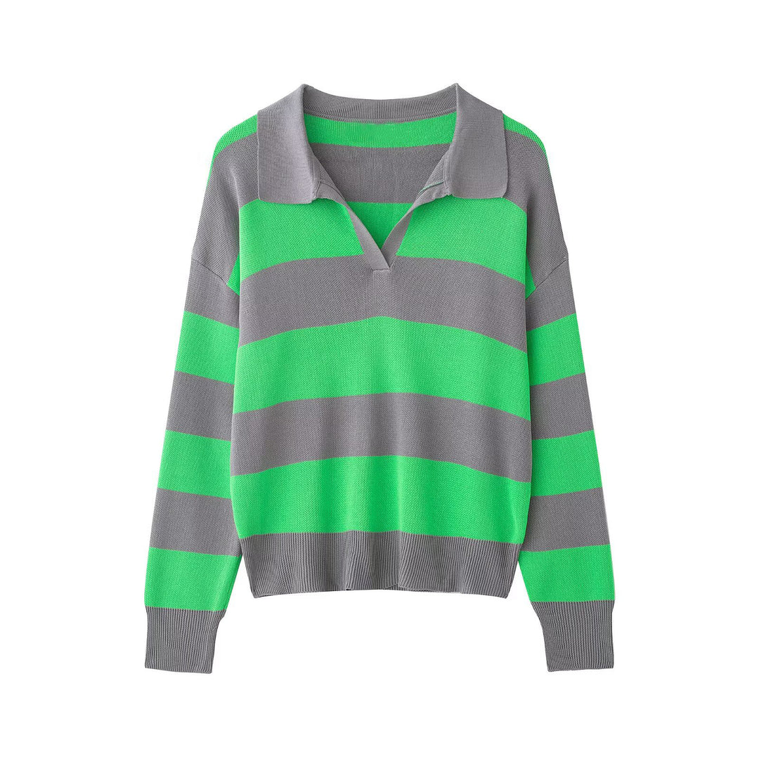Damen Gestreifter Rugby-Polo-Pullover mit V-Notch und Cropped-Saum Drune