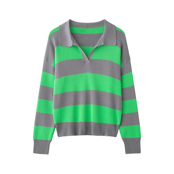 Damen Gestreifter Rugby-Polo-Pullover mit V-Notch und Cropped-Saum Drune
