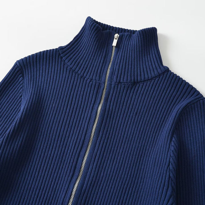 Damen Gerippte Stehkragen-Strickjacke mit durchgehendem Reißverschluss Drune