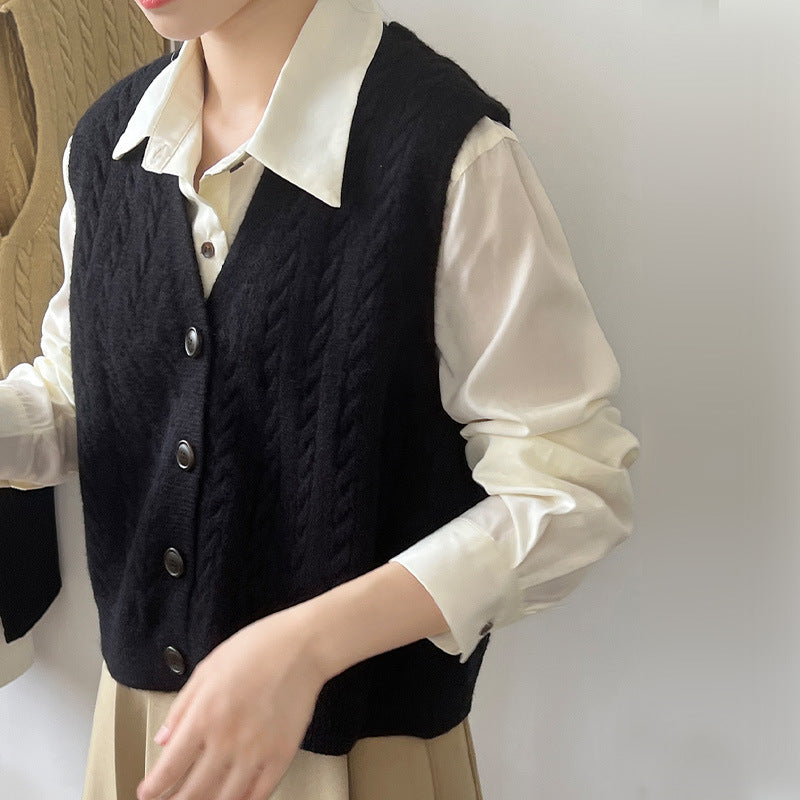 Damen elegante Strickweste mit Zopfmuster und Knopfdetails Drune