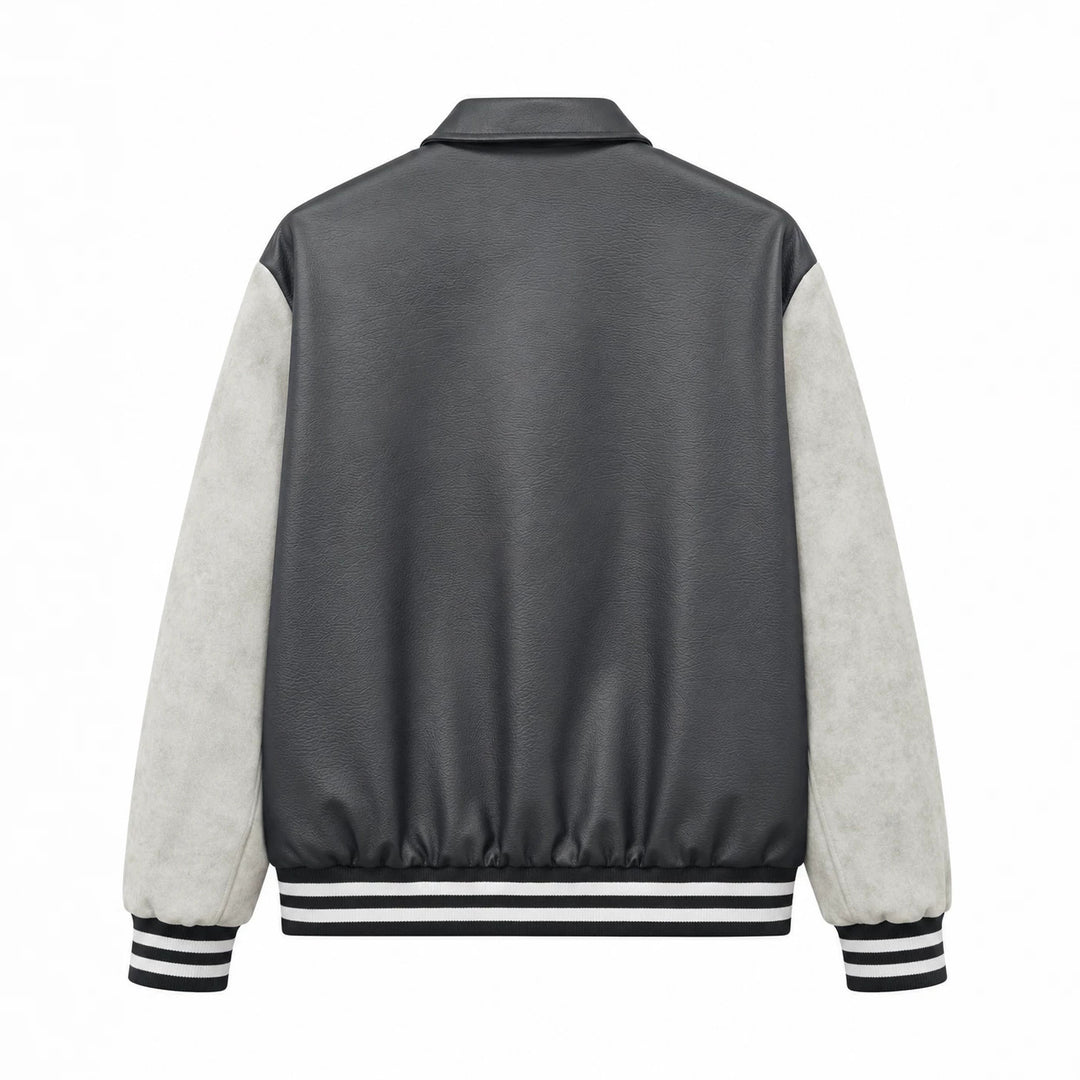 Herren Retro Letterman‑Bomber mit glattem Kunstlederkörper und Veloursärmmel-Detail Drune