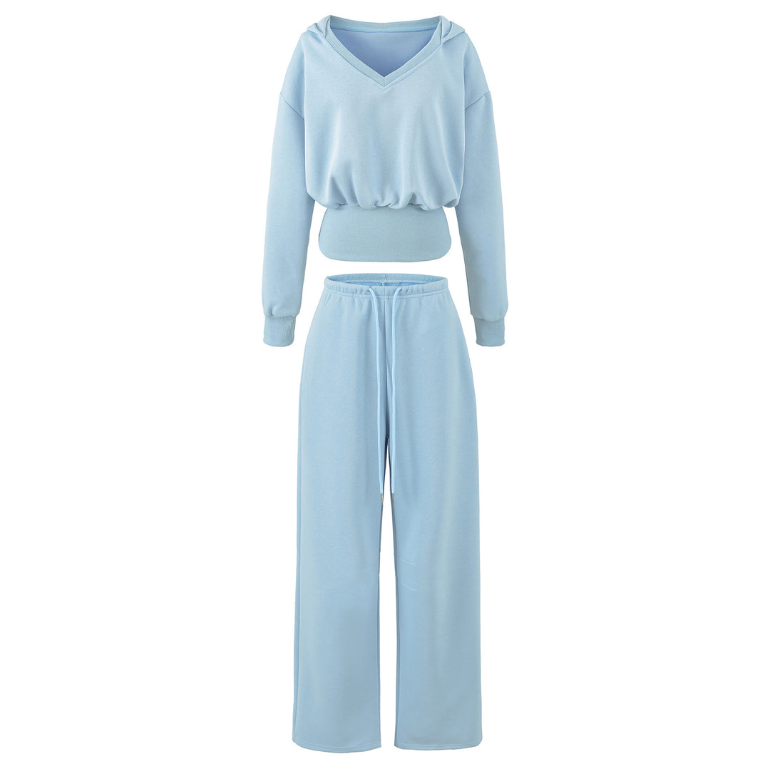 Damen Komfort-Lounge-Set mit kurzem V-Kapuzenpullover und hochgeschnittenen Weitbein-Joggern Drune