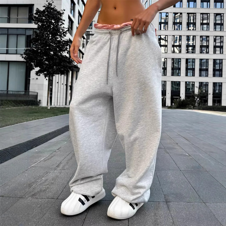 Damen oversized Fleece-Sweathose mit tiefem Schritt, Kordelzugbund und lässiger Streetwear-Passform Drune
