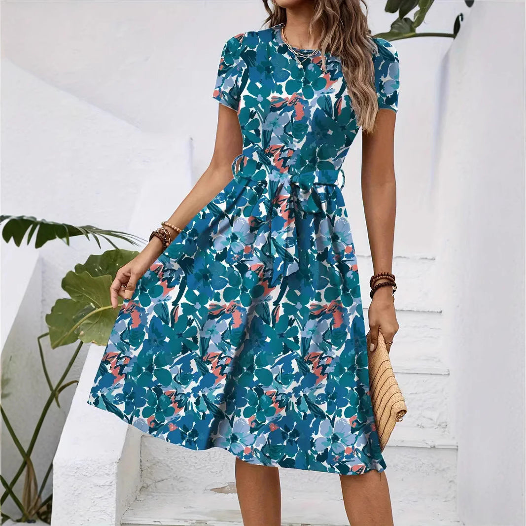 Damen Elegantes Midikleid mit floralem Design und Taillengürtel Drune