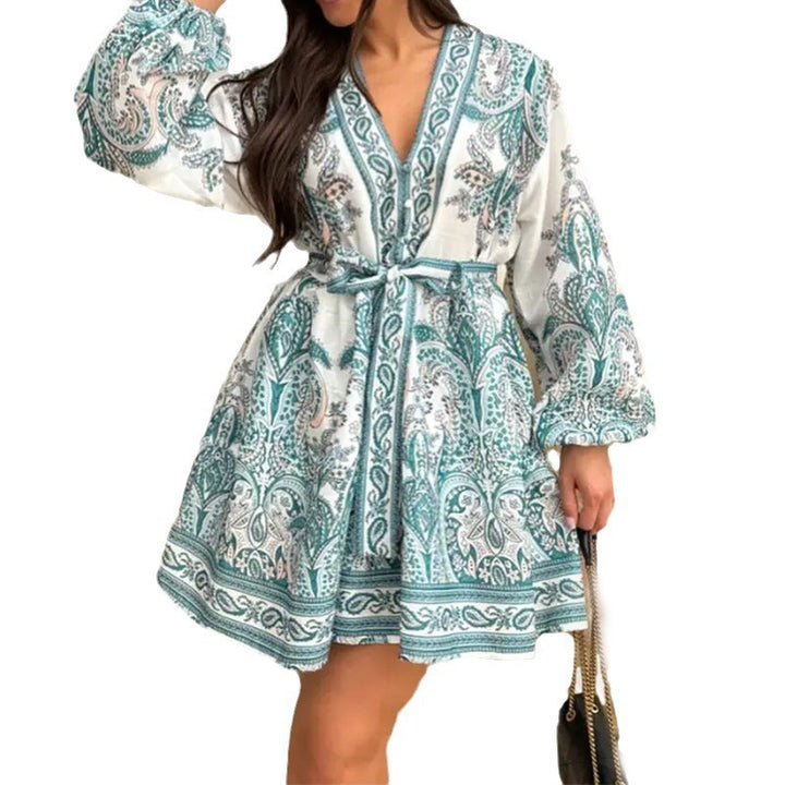 Damen Smaragdgrünes Paisley-Muster Wickelkleid mit langen Ärmeln und Taillengürtel Drune