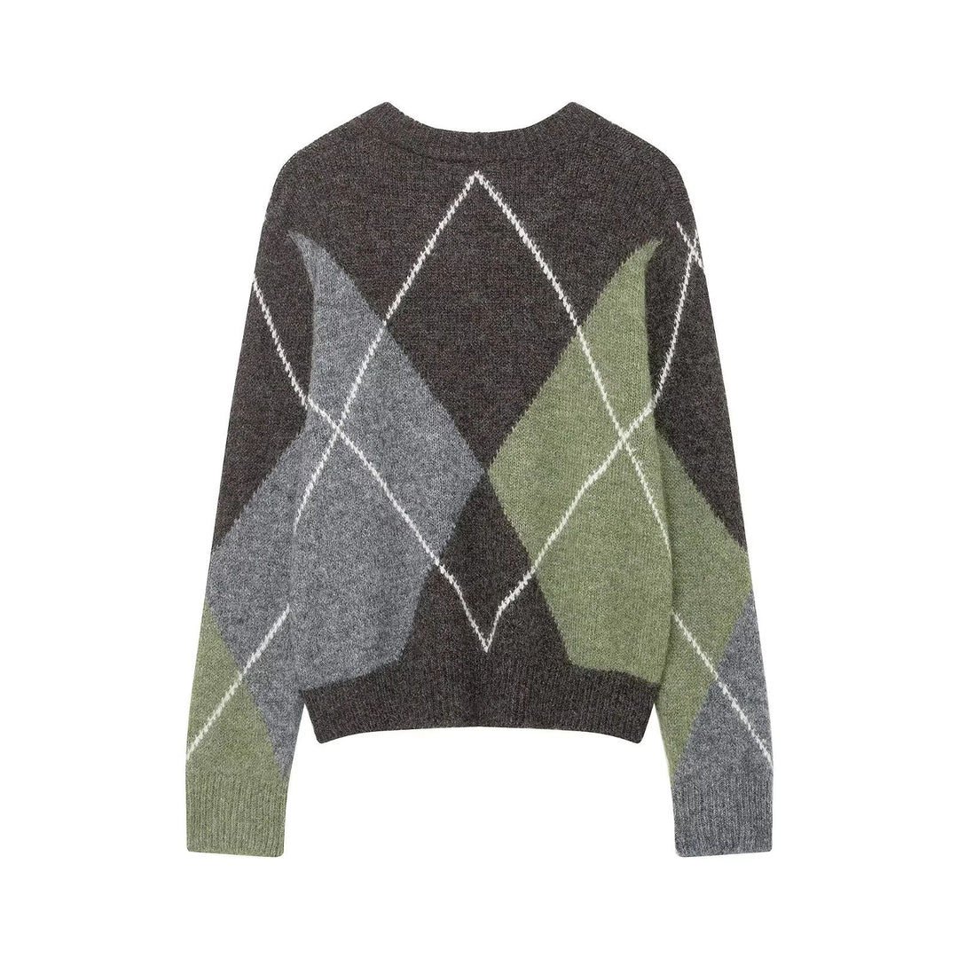 Damen nan großkaro Strickpullover mit Rundhals, oversized Passform und geripptem Saum Drune