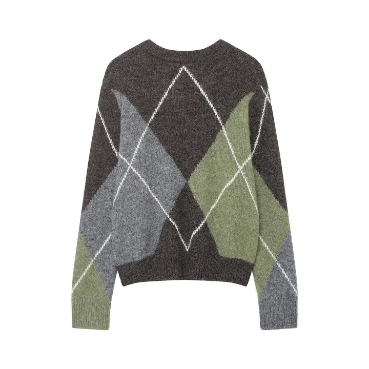 Damen nan großkaro Strickpullover mit Rundhals, oversized Passform und geripptem Saum Drune