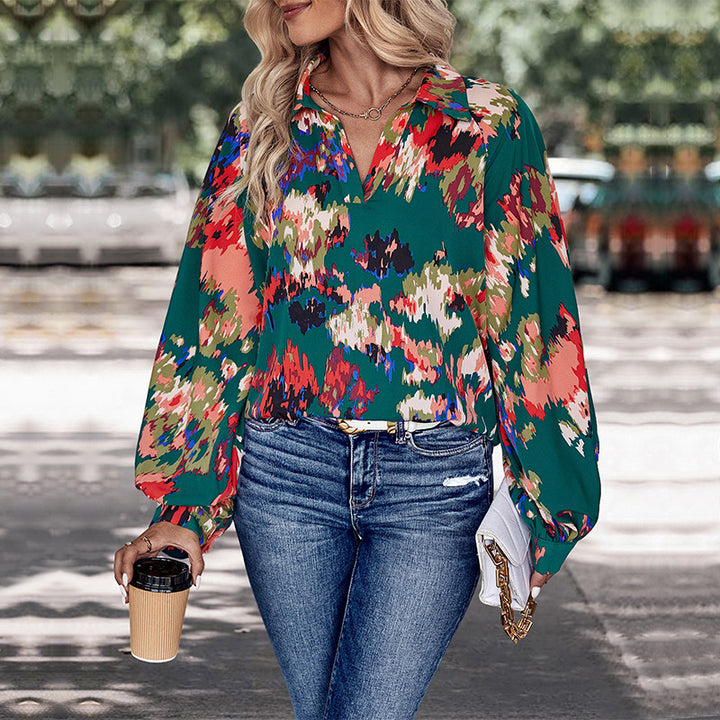 Damen Chiffonbluse mit weitem Ballonärmel, V-Ausschnitt und abstraktem Allover-Print Drune
