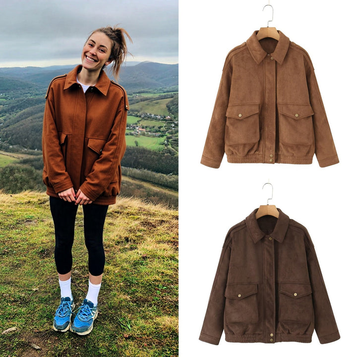 Damen Oversize Wildlederoptik-Bomberjacke mit Pattentaschen und elastischem Saum Drune