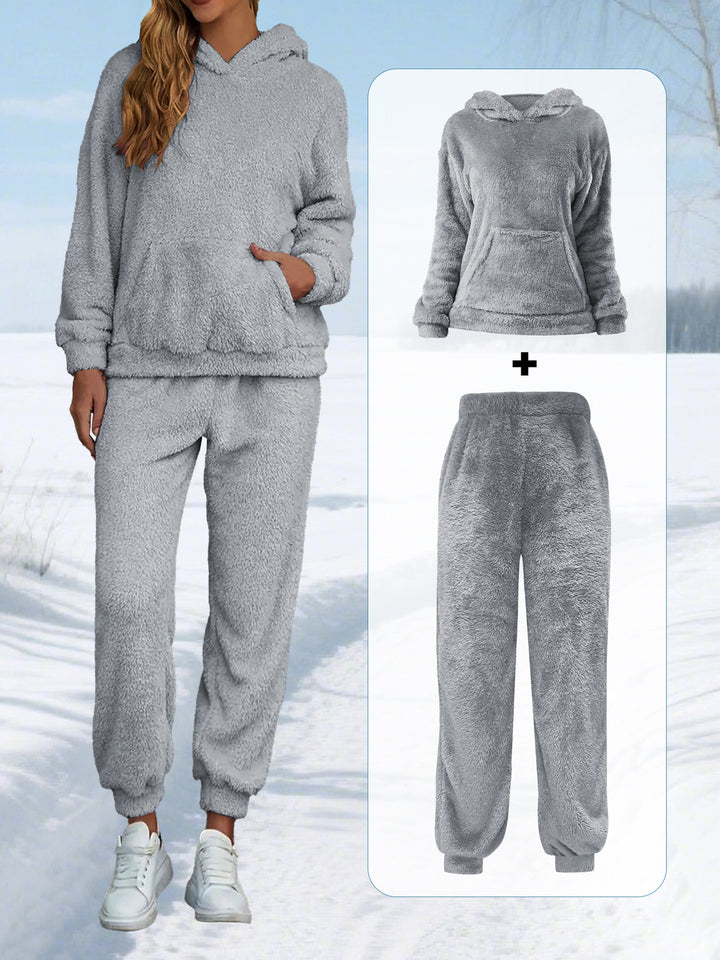 Damen Kuscheliges Teddy-Fleece Lounge-Set mit Kapuze und Kängurutasche Drune