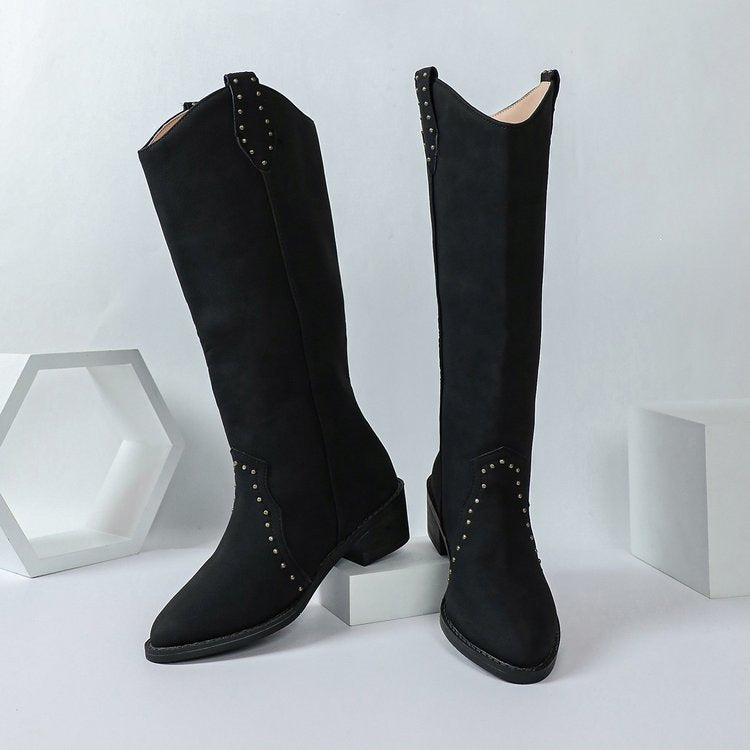 Damen kniehohe Veloursleder-Stiefel mit dekorativer Lochstanzung und mittlerem Blockabsatz Drune