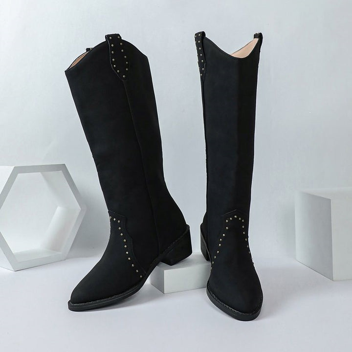 Damen kniehohe Veloursleder-Stiefel mit dekorativer Lochstanzung und mittlerem Blockabsatz Drune