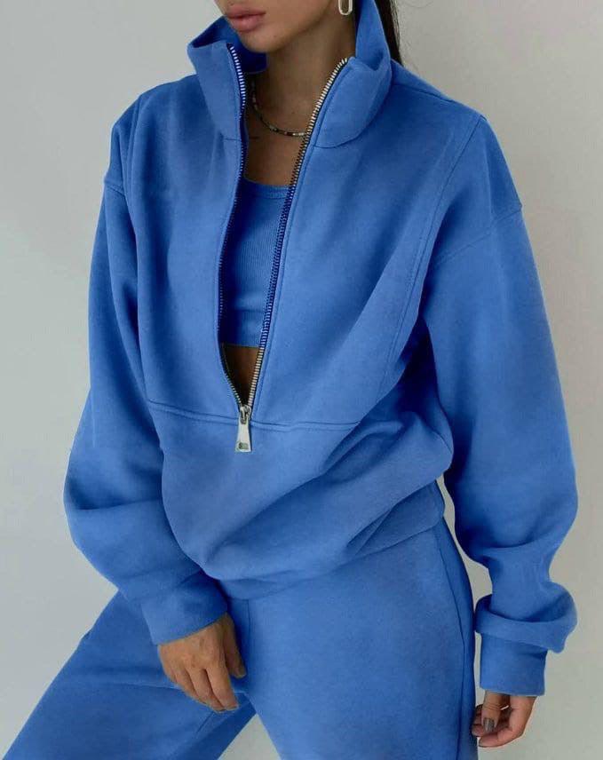 Damen Oversized Halbzip-Sweatshirt mit Stehkragen und passender High-Waist-Jogginghose Drune