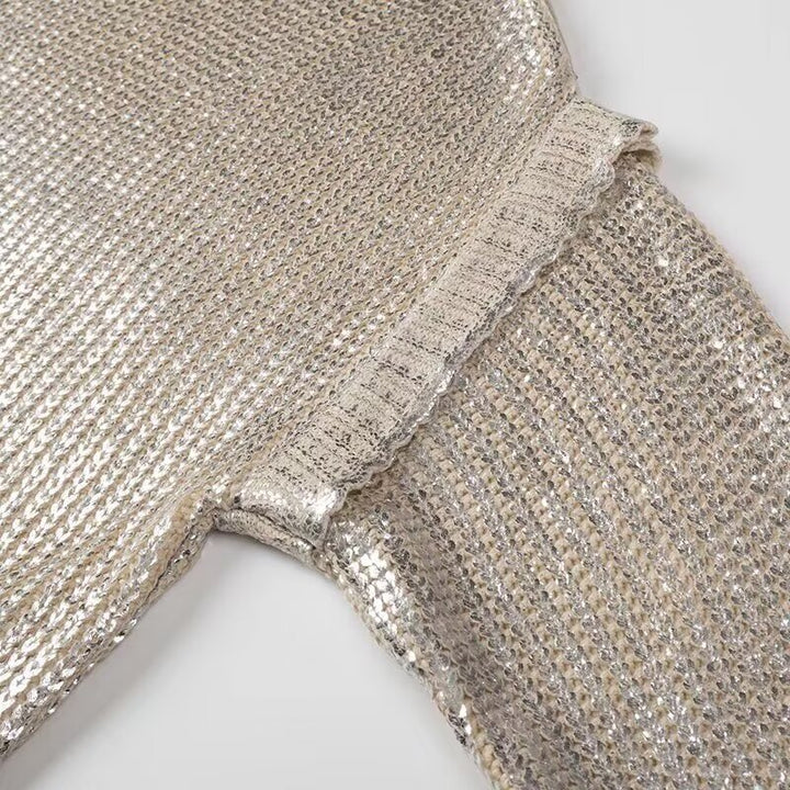 Damen Oversized Strickpullover mit Cut-Out-Schultern und Metallic-Glanz Drune