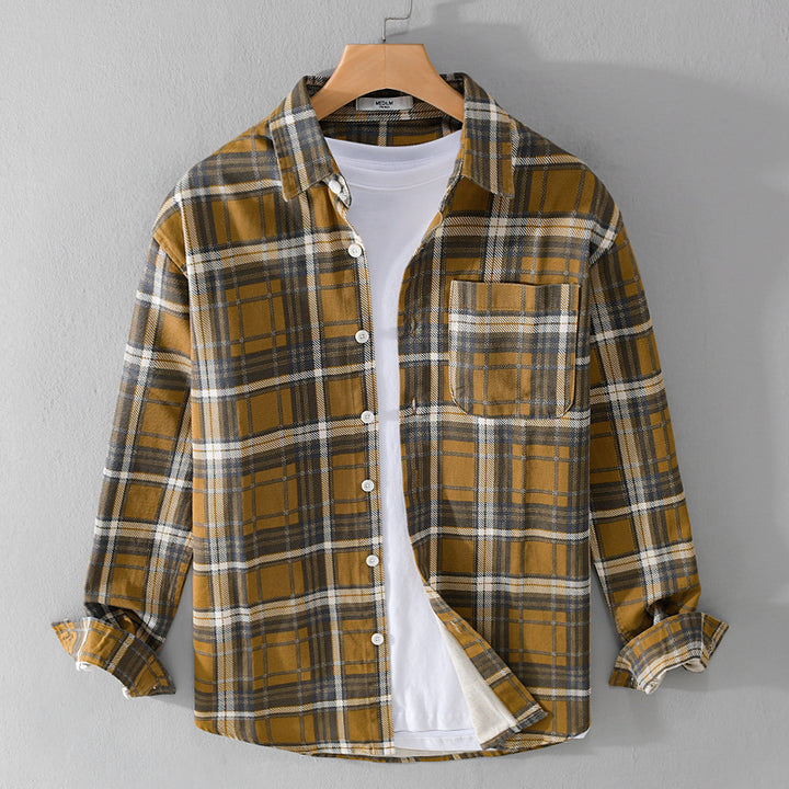 Herren Karierter Flanell-Overshirt im Vintage‑Look mit aufgesetzter Brusttasche und gerundetem Saum Drune