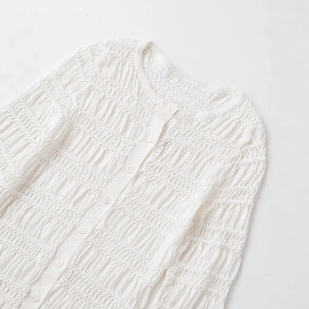 Damen Gesmoktes Feinstrick-Cardigan mit Rüschenabschluss und Knopfleiste Drune