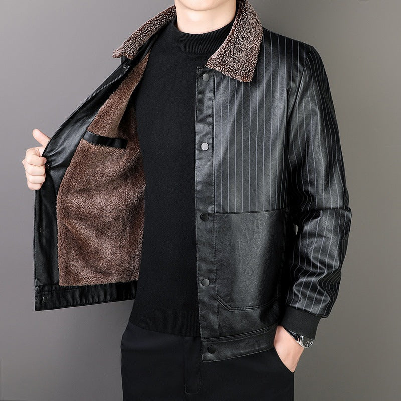 Herren Kunstleder-Blouson mit Sherpa-Kragen, wärmendem Teddyfutter und Nadelstreifen-Detail Drune