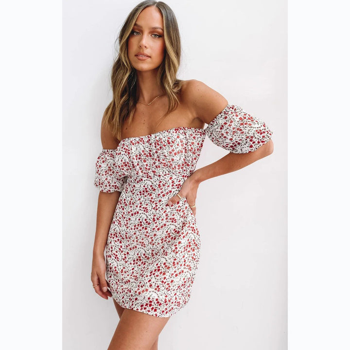 Damen Off-Shoulder Minikleid mit voluminösen Ärmeln und floralem Design Drune
