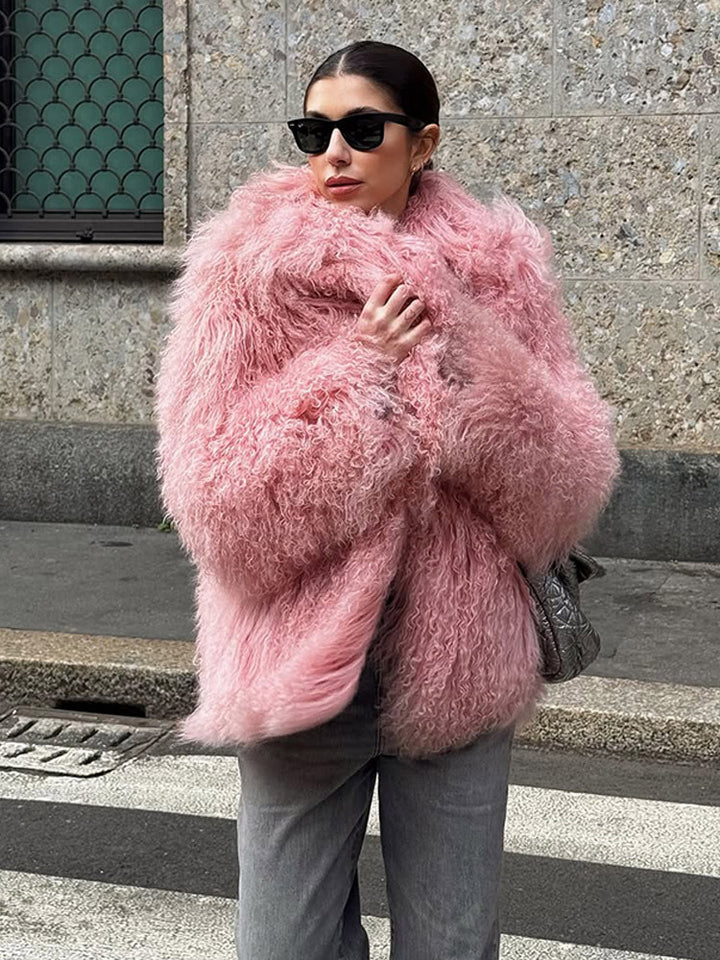 Damen Kurz geschnittener Shaggy Fauxfur Mantel mit voluminösem Schalkragen und Oversize-Silhouette Drune