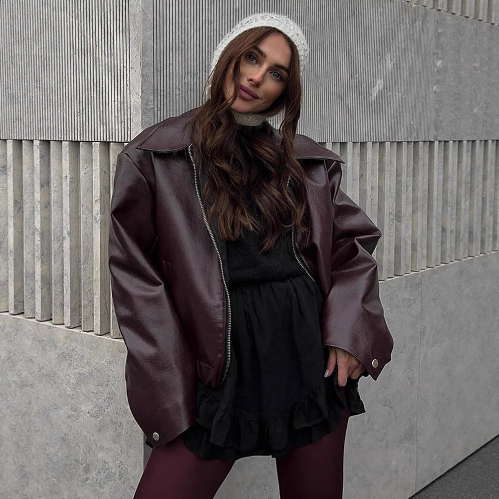 Damen Lässige Kunstlederjacke mit oversized Schnitt und praktischen Taschen Drune