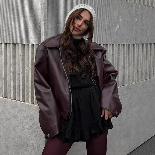 Damen Lässige Kunstlederjacke mit oversized Schnitt und praktischen Taschen Drune