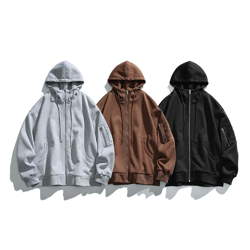 Unisex Oversize-Kapuzenjacke mit Frontreißverschluss, Ärmeltasche und geripptem Saum Drune